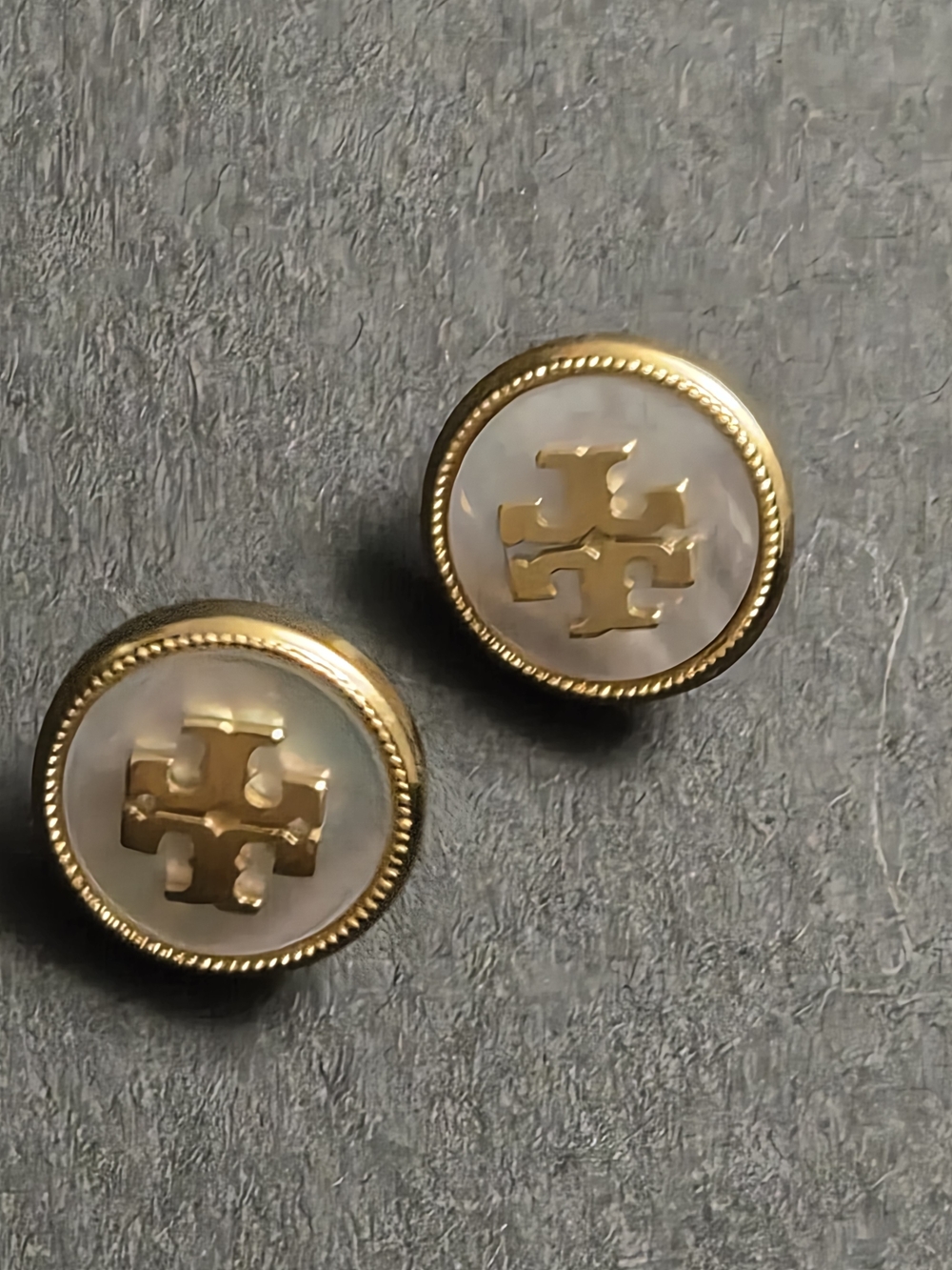 XL Tory Burch Gold Logo Mother-of-Pearl Stud Earrings